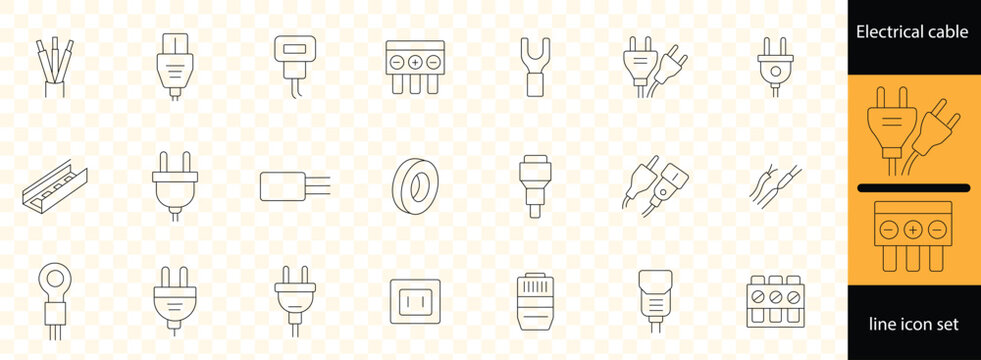 Electrical cable and wire components including plugs, connectors, trays and protective accessories, vector illustration