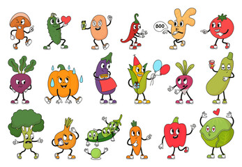 Vegetables retro characters. Groovy vegetable with sussy smile. Corn, ginger, bell pepper, carrot and cabbage. Funky cucumber, angry beet, neoteric vector set