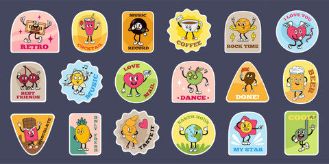 Groovy stickers design. Funky labels with retro style characters. Milkshake, heart, flower pineapple and croissant, earth, beer, neoteric vector design