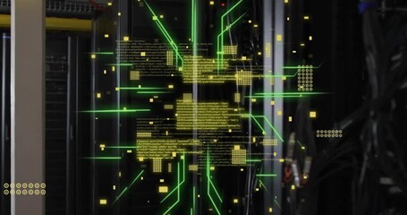 Animation of circuit board and data processing over computer servers - Powered by Adobe