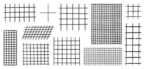 Pencil grids for notes. Striped sheets, geometric square grid for school notebook. Hand drawn ink lines note sheet templates, neoteric vector set