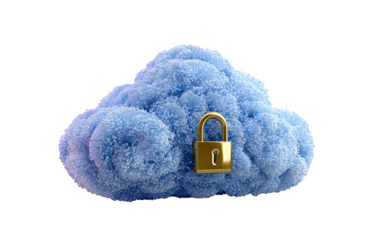 Fluffy blue cloud with padlock, secure data storage concept, fuzzy 3D illustration for cybersecurity and privacy isolated on Transparent Background