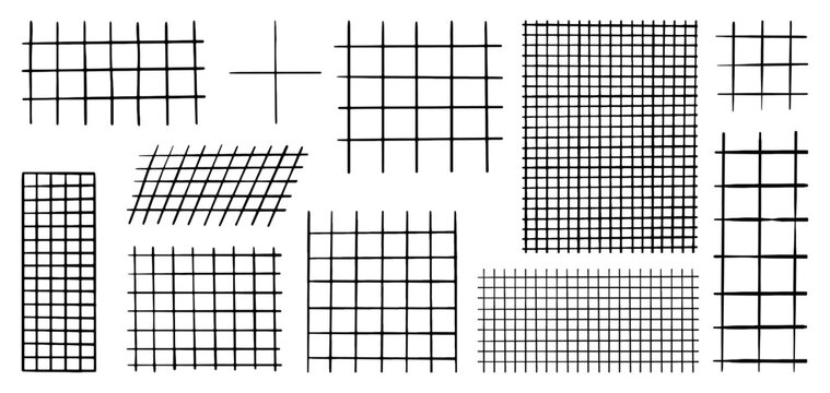Pencil grids for notes. Striped sheets, geometric square grid for school notebook. Hand drawn ink lines note sheet templates, neoteric vector set