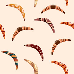 Boomerangs seamless pattern. Decorative boomerang folk ornaments. Wooden australian elements, traditional design. Fabric, textile print, sapid vector background