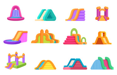 Inflatable slides. Slide with waterpool, colorful trampolines for amusement park. Outdoor children activity equipment, playground tools, sapid vector set