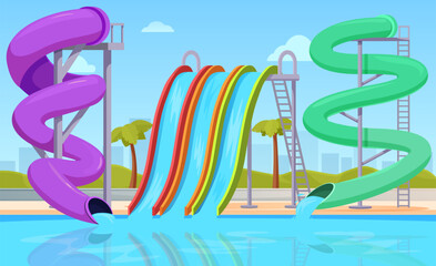 Aquapark background. Water park with colorful kids amusements. Swimming pool with extreme slides, tubes and tunnels. Summer adventures sapid vector scene
