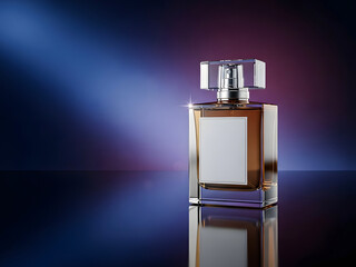 Luxury perfume bottle with reflective surface and dramatic lighting