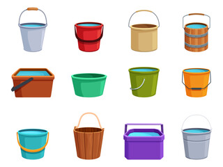 Cartoon buckets. Plastic wooden metal bucket for water. Gardening, household equipment. Watering and washing tools, trash containers, sapid vector set