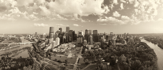 Calgary Alberta cityscape from above during colorful sunset with modern architecture
