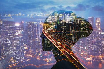 Woman profile silhouette multi exposure portrait at night city backdrop urban life and mental health psychology concept