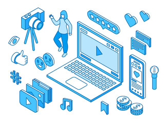 Social media content isometric scene. Laptop show blogger video, digital subscriptions, reviews. User reactions to information, nifty vector concept
