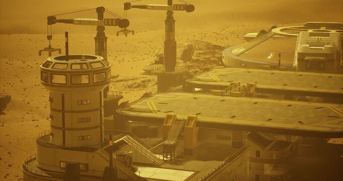 A futuristic research base stands on the Martian surface, featuring advanced structures and equipment set against the rust colored landscape. Scientific exploration and innovation are evident.