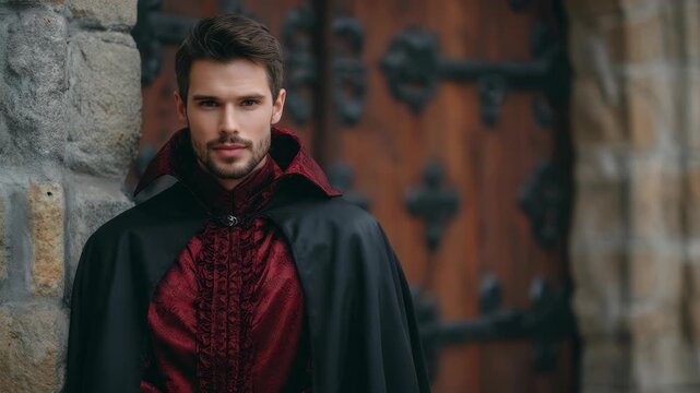 A stylish male model dressed in a detailed renaissance outfit poses against a rustic castle background, blending classic charm with modern appeal. The scene radiates sophistication and timeless allure