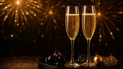 Champagne Glasses Toasting During Celebration With Fireworks, Ornaments, And Sparkling Gold Bubbles