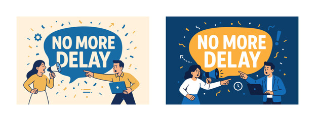 No more delay: diverse professionals communicating with megaphones and laptops