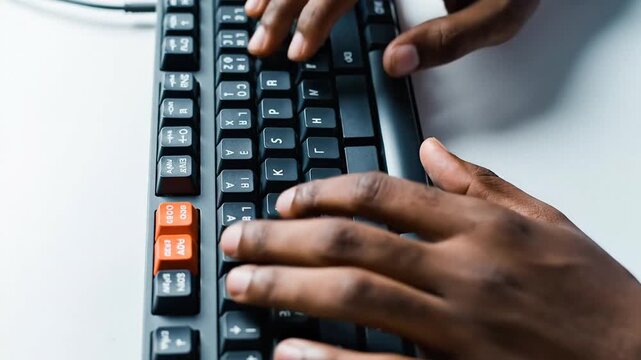 Close-up of a pair of hands typing on a computer keyboard, highlighting the user's interaction with technology