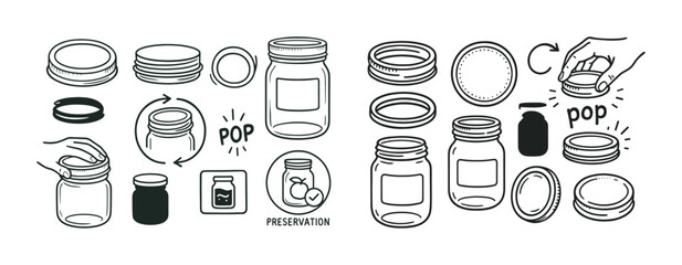 Illustration of canning jars and lids for food preservation