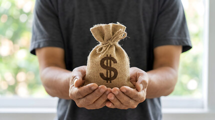 Hands Holding Small Burlap Sack with Dollar Sign Symbol for Savings and Money