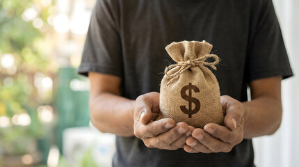 Person Holding Sack of Money with Dollar Sign Representing Financial Success