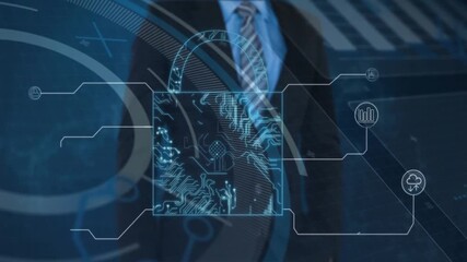 Male executive raising finger activating HUD padlock, materializing circuits and icons for security - Powered by Adobe