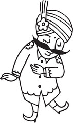Fototapeta premium This charming black and white line art illustration features a stylized Indian man. He is depicted wearing a traditional striped turban, complete with a decorative flower and an upright plume. A promi
