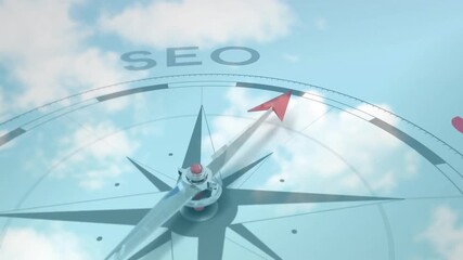 3D render initiating compass needle rotating clockwise toward red SEO marking indicating direction - Powered by Adobe