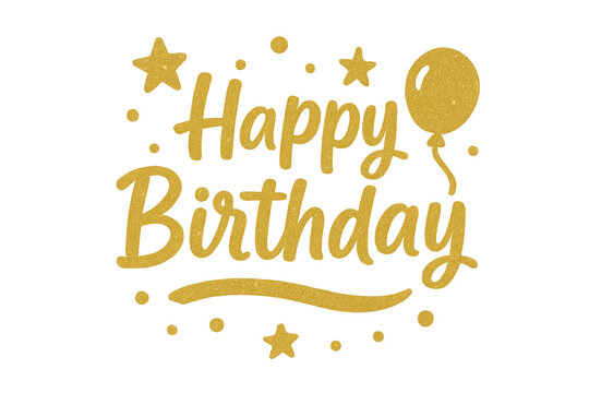 Happy Birthday text in gold script with stars confetti and balloon decoration on transparent background, festive celebration design element