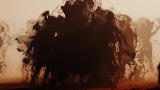 Silhouetted figures emerge from hazy shadows in sepia hues