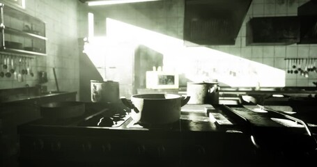 Bright sunlight streams through a window, bathing a bustling kitchen in light. Cooking pots and utensils are scattered across surfaces, creating an atmosphere of culinary creativity. - Powered by Adobe