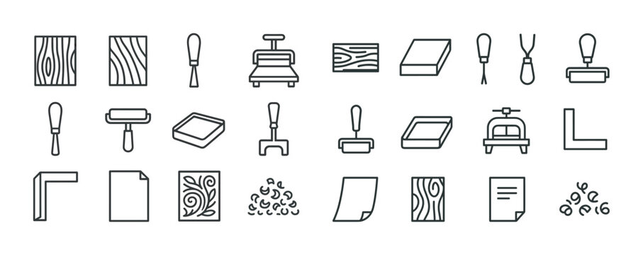 Line art icons of printmaking tools and designs