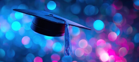 The Graduation Cap Floating Against Colorful Bokeh Lights Symbolizing Academic Achievement and Celebration