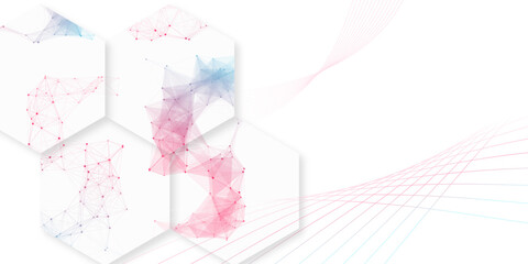 Fototapeta premium Abstract white hexagon background with colorful plexus network. Futuristic medical technology vector design with pink and blue geometric lines and copy space for science presentation