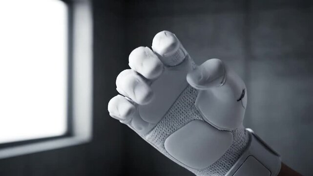 White robotic prosthetic hand clenching fist near window