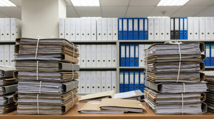 Obraz premium Stacks of old paper files and binders in an archive or office storage room