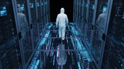 Futuristic data center corridor with technician in white suit - Powered by Adobe