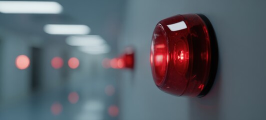 The Red Alarm Light Row in a Blurred Modern Corridor with Bokeh Lighting