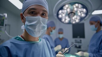 Surgeon holding a surgical instrument in an operating room, medical footage representing healthcare and surgery. - Powered by Adobe