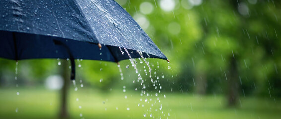 Close-up of a dark blue umbrella with water droplets falling during a rainy day