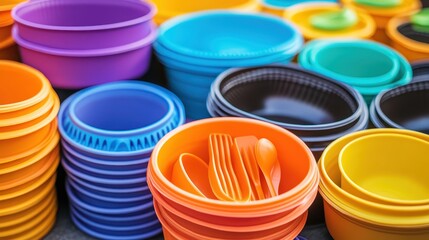 A close up view of stacked colorful reusable food storage containers and plastic cutlery