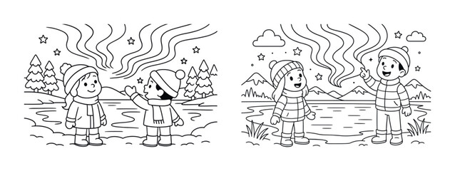 Fototapeta premium Children in winter scene observing magical stars by a lake