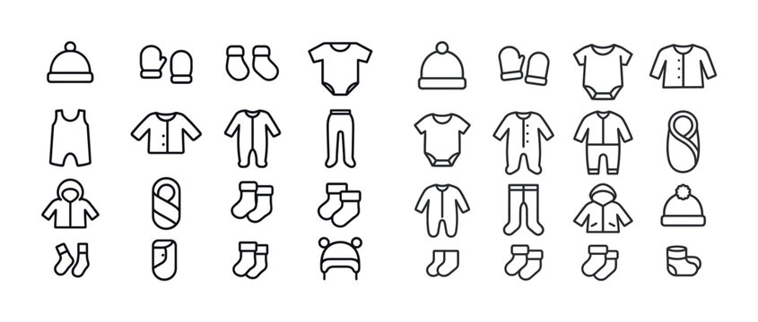 Line art icons of baby clothing and accessories in black and white