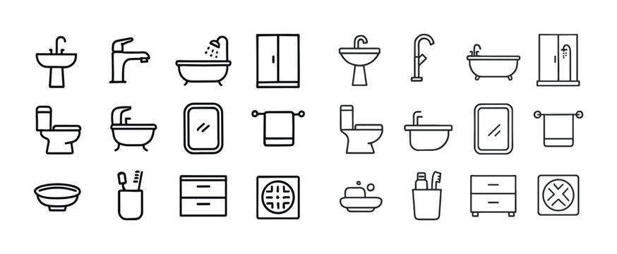 Minimalist bathroom icons set including bathtub, sink, toilet, and mirror designs