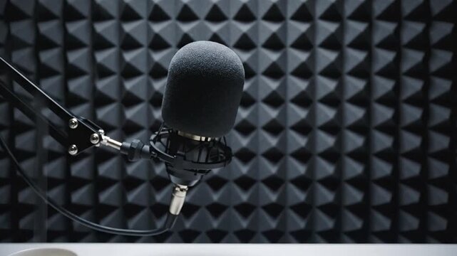Close-up of a professional microphone in a soundproof studio, ready for recording audio or podcast