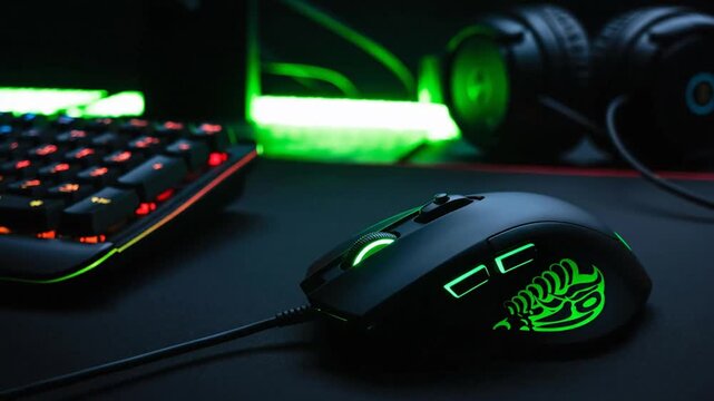 Close-up of a high-performance computer mouse with glowing green accents on a black surface, surrounded by gaming peripherals