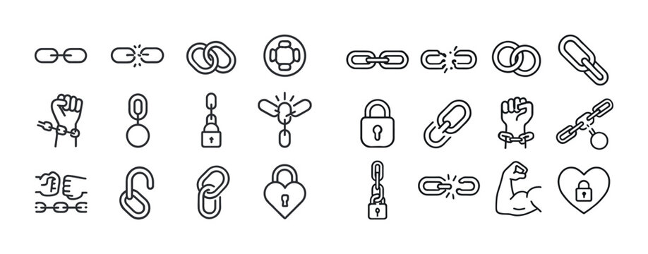Chain and lock icon set: security, strength, freedom, connection symbols