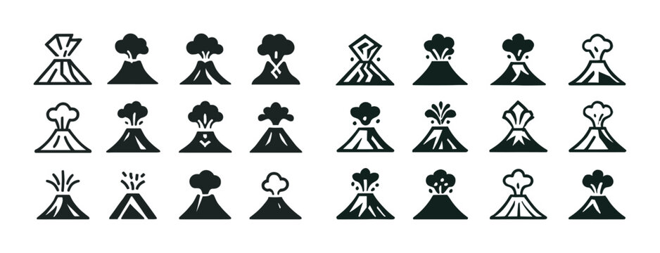 Collection of various volcano eruption icons in black and white