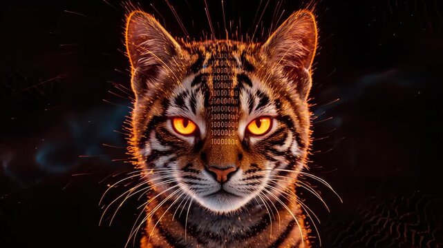 Portrait of a cat's face with binary in the eye sockets, glowing