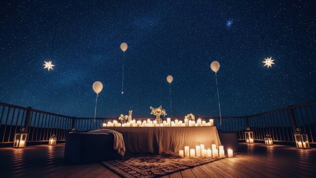 Romantic candlelit dinner setup under starry night sky