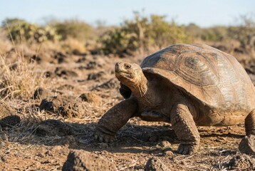 Giant tortoise slowly walking across a dry, rocky, arid landscape under a clear blue sky