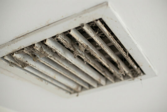Close-up of a very dirty and dusty air vent with visible cobwebs and accumulated grime